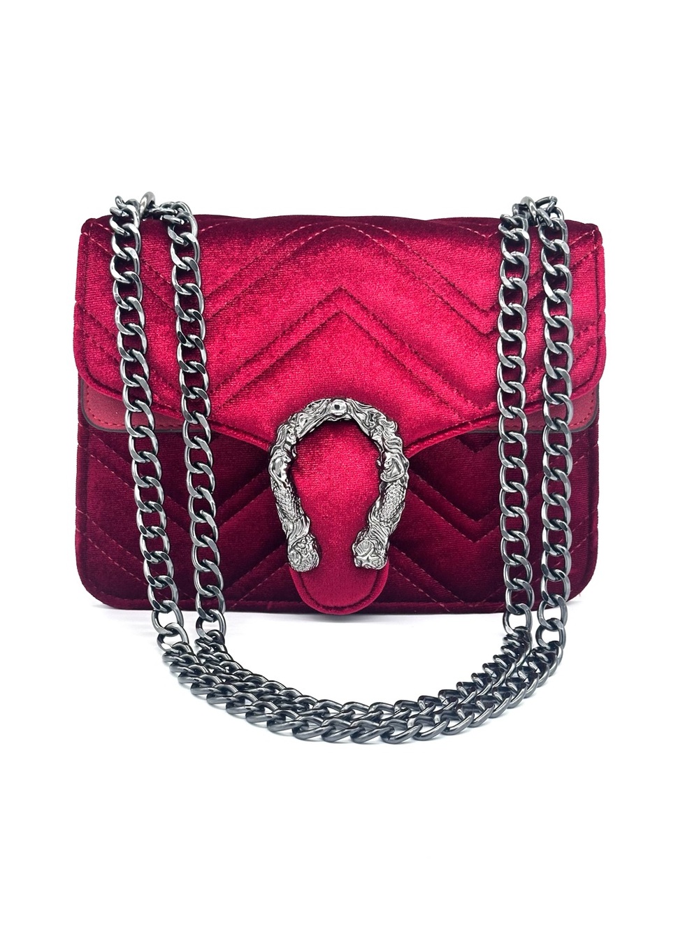 Quilted Velvet Crossbody Bag in Deep Red with Silver Chain Backside Heart Stitch